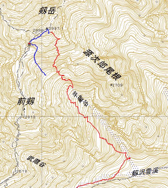 今回のGPSログ。青が登行ルート、赤が滑降ルート。剱岳 大脱走ルンゼ スキー滑降 山スキー