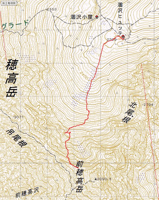 前穂高岳吊尾根北面ルンゼ滑降時のGPSログ。前穂高岳 吊尾根北面ルンゼ スキー滑降