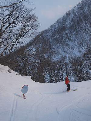 弓ヶ洞谷の林道に合流。三方崩山 弓ヶ洞谷左俣 スキー滑降